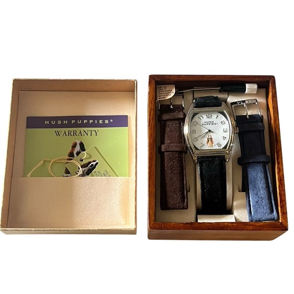 Vintage Hush Puppies Quartz Watch •Black Blue Brown Suede Bands NIB Very Rare - Picture 8 of 12